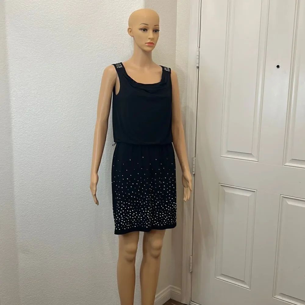 White House Black Market Sz XS Dress Cowl Neck Sleeveless Black Silver Metallic